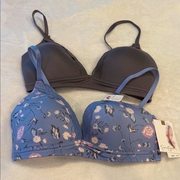 Jessica Simpson Wire Free pink blue Floral & Solid gray  Bra Set padded SZ 34C - Picture 1 of 5